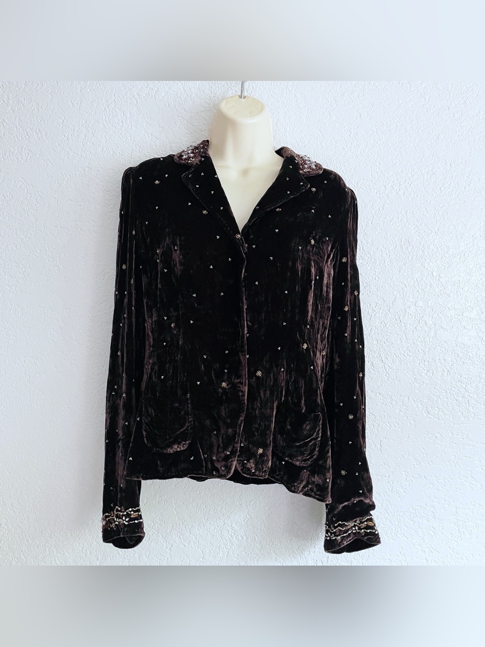 Elie Tahari Deep Brown Velvet Embellished Long-Sleeve Shirt Jacket Blazer Sz 8